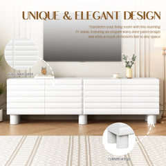 Stylish Thick Wavy Door TV Cabinet with Adjustable Shelves, Cream Style TV Stand with 4 Cabinets for TVs Up to 75", Solid Media Console with Cylindrical Legs and Cable Holes for Living Room, White