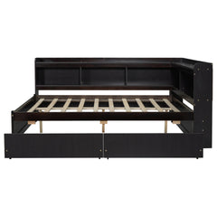 Full Size L-shaped Bookcases Bed with Power Outlets, USB Charging Ports,Two Drawers,Espresso