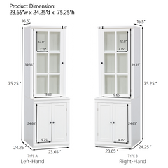 75.25'' Tall Freestanding Pantry Cabinet with Glass Door & Lattice Window, Farmhouse Display Cabinets with Storage, Hutch with Double-Action LH&RH Door, for Hallways, Livingroom Kitchen & Office,White