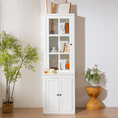 75.25'' Tall Freestanding Pantry Cabinet with Glass Door & Lattice Window, Farmhouse Display Cabinets with Storage, Hutch with Double-Action LH&RH Door, for Hallways, Livingroom Kitchen & Office,White