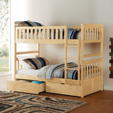 Twin Over Twin Bunk Bed with Storage Boxes Natural Pine Finish Sturdy Ladder Wooden Transitional Bedroom Furniture 1pc Children Bed