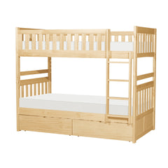 Twin Over Twin Bunk Bed with Storage Boxes Natural Pine Finish Sturdy Ladder Wooden Transitional Bedroom Furniture 1pc Children Bed