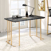 Contemporary Desk With Faux Marble On Top USB & Power Outlet, Gold/Black