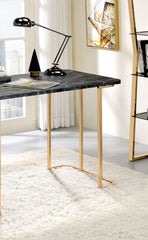 Contemporary Desk With Faux Marble On Top USB & Power Outlet, Gold/Black