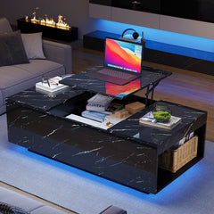 Lift Top Coffee Table with Storage, 24-Color LED Lights, Wireless Charging and Bluetooth Speaker for Living Room, Black