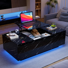 Lift Top Coffee Table with Storage, 24-Color LED Lights, Wireless Charging and Bluetooth Speaker for Living Room, Black