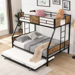 Twin Over FULL Metal Bunk Bed with Trundle 2 - Side Ladder and Full-Length Guardrail, No Box Spring Needed, Large Under Bed Storage, Easy Assemble , Black & Brown