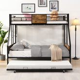 Twin Over FULL Metal Bunk Bed with Trundle 2 - Side Ladder and Full-Length Guardrail, No Box Spring Needed, Large Under Bed Storage, Easy Assemble , Black & Brown