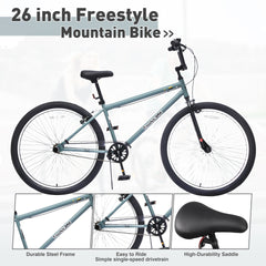 26 Inch Freestyle Bike for Teens, Steel Frame Single-Speed Bicycle with 2 Pegs , Front Caliper Brake and Rear V Brake, Bicycle for Boys and Girls Ages 14+
