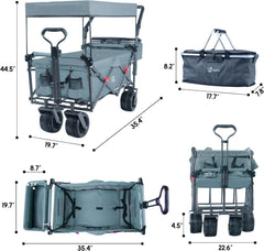 Collapsible Wagon 140L Wagons Carts Foldable with Removable Canopy, Folding Wagon Cart with Wheels for All-Terrain with Brake, Foldable Wagon with Cooler Bag, for Camping Beach Shopping