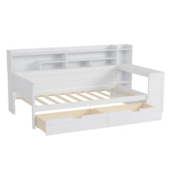 Wooden Twin Size Daybed with Storage Shelves, Multi-functional Bed with Two Storage Drawers and Study Desk, Antique White