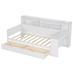Wooden Twin Size Daybed with Storage Shelves, Multi-functional Bed with Two Storage Drawers and Study Desk, Antique White