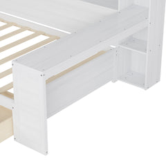 Wooden Twin Size Daybed with Storage Shelves, Multi-functional Bed with Two Storage Drawers and Study Desk, Antique White