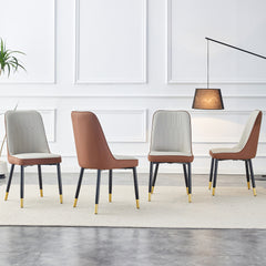 A modern dining chair with a light gray brown dual tone PU leather backrest and black metal legs, suitable for kitchens, bedrooms, and offices. Set of 4 pieces (light gray+brown+PU)C-007 W1151118958