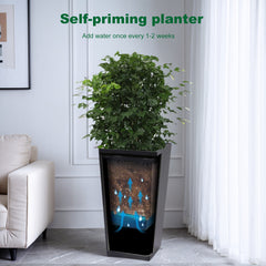 22"Tall Planter Set of 2, Outdoor&Indoor Black Planter Pots, High Front Porch Planter Pots with Drainage Holes&Water Level Monitor&Inner Bucket, Automatic Watering, Black
