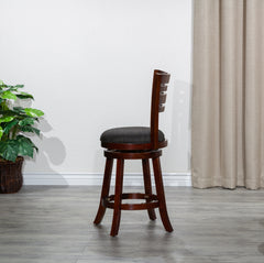 24" Counter Height Slat Back Swivel Stool, Cherry Finish, Charcoal Fabric Seat