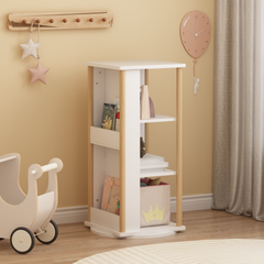 360° Rotating Kids Bookshelf with Chalkboard, 3-Tier Wood Floor Revolving Bookcase & Toy Storage Organizer, Picture Book Display Stand for Toddlers, Nursery & Playroom, White and Natural