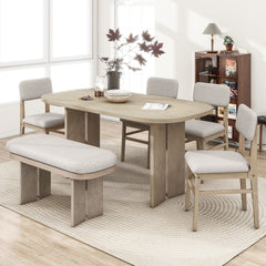 TOPMAX Solid Wood Dining Table Set with Bench - 6-Piece Upholstered Rectangular Dining Room Table Set with Bench, 2-Color Modern Farmhouse Kitchen Furniture for Family Gatherings,Natural
