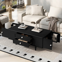 U-Can Modern Rectangle Coffee Table with Four Drawers, Two Side Hidden Storage Compartments, 47.2" Wood Coffee Table with Metal Handles and Four Solid Wood Legs for Living Room