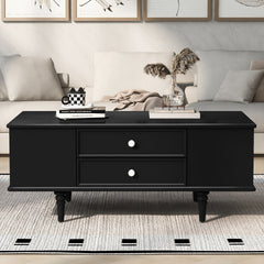 U-Can Modern Rectangle Coffee Table with Four Drawers, Two Side Hidden Storage Compartments, 47.2" Wood Coffee Table with Metal Handles and Four Solid Wood Legs for Living Room
