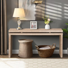 60'' Antique Natural Farmhouse Console Table - Retro Wooden Entryway Table with Double Board Suspension Design, Solid Wood & MDF, Sofa Table for Living Room