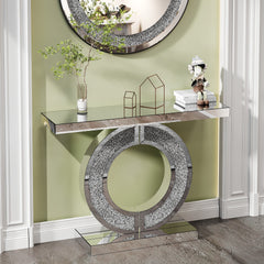 O Shaped Mirror Console Table with Crystal Hallway Entry Home Décor, Handicrafts Mirror Table for Living Room,Mirror Glass Table for Room