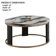 Contemporary Style Round Cocktail Table Marble Top Gold Rings Wooden Legs Gold White And Black Finish