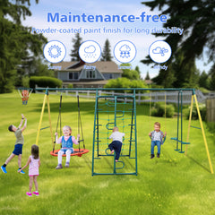 6 in 1 Swing Set With Climbing Frame, Climbing Net, Glider, Hammock Swing, Belt Swing, Basketball Rim for Backyard