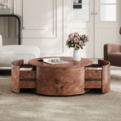 Burl Wood Rotating Coffee Table with 2 Drawers, 360° Rotating Top, Walnut, 28.4"