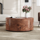 Burl Wood Rotating Coffee Table with 2 Drawers, 360° Rotating Top, Walnut, 28.4"