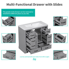 36" Bathroom Vanity without Sink, Cabinet Base Only, Six Drawers, Multi-Functional Drawer Divider, Adjustable Shelf, Grey