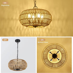 Farmhouse Rattan Pendant Lights, 15.7" 4-Light Boho Chandelier Light Fixture, Wicker Hand Woven Basket Pendant Hanging for Dining Room Living Room Kitchen Island Bedroom Foyer, Height Adjustable