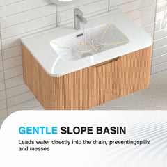 30" Wall-Mounted Floating Solid Wood Bathroom Vanity Pre-Assembled Curved Edge Storage Bathroom Cabinet in Natural Walnut Color with White Ceramic Basin