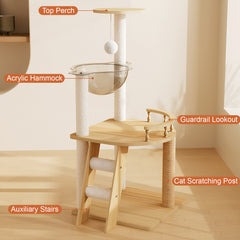 41.3" Modern Cat Tower, Wood Cat Tree Tower for Indoor Cats, Cat Treewith Sisal-Covered Scratching Posts and Top Perch, Cat Condo with Acrylic Hammock for Small Large Cats