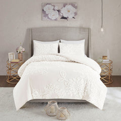 King/Cal King 3 Piece Tufted Cotton Chenille Floral Duvet Cover Set