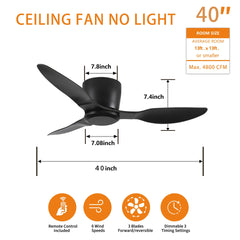 40" Flush Mount Ceiling Fan without light, 3 Reversible Blades, with 6 Speeds Reversible DC Motor,Low Profile Ceiling Fan with no light for Living Room Kitchen Bedroom