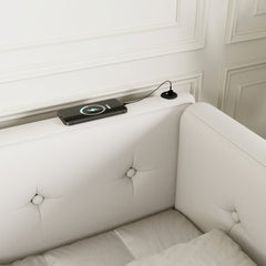 Upholstered Queen Size platform bed with USB Ports, Beige