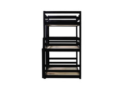 Triple Rubber Wood Bunk Bed with Two Built-in Ladders, Guardrails, Twin over Twin over Twin, Detachable Triple Twin Bunk Bed,Black