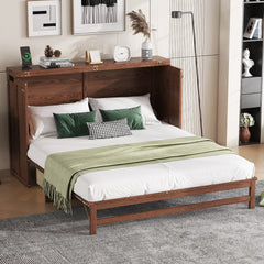Murphy Bed Cabinet Queen with Storage Drawer and Charging Station, USB Port, Solid Pine Murphy Bedframe for Home Office, Studio or Guest Room,Walnut