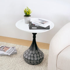 Accent Metal Coffee Table, Pedestal Table for Living Room, Hand-hammered Texture, White+Black