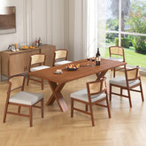 Rattan Dining Chairs Set of 2, Fabric Upholstered Kitchen Side Chair, Curved Rattan Back, with Hardwood Frame, Armless Chairs for Kitchen/Restaurant, Walnut