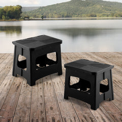 11in Folding Step Stool, Compact, Portable, Non-Slip, 300 lbs. weight capacity for adults and children. Secure non-slip top and rubber feet, great for home and camping, black color