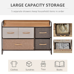 HOMCOM 5-Drawer Dresser, Fabric Chest of Drawers, 2-Tier Storage Organizer for Bedroom Entryway, Tower Unit with Steel Frame Wooden Top, Maple Wood