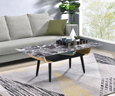 Lorenzo 47"W Coffee Table with Glass Black Marble Texture Top and Bent Wood Design