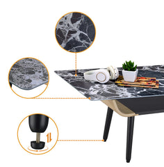 Lorenzo 47"W Coffee Table with Glass Black Marble Texture Top and Bent Wood Design