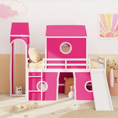 Twin Size Loft Bed with Slide Pink Tent and Tower - Pink