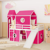 Twin Size Loft Bed with Slide Pink Tent and Tower - Pink