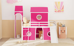 Twin Size Loft Bed with Slide Pink Tent and Tower - Pink