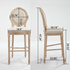 French Country Wooden Barstools with Upholstered Seating ,Beige ,Set of 2