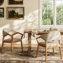 Indoor Dining Chair Set of 2, Oatmeal Chenille Upholstered Armchair with Sturdy Frame, 300lbs Capacity, Ergonomic Curved Backrest